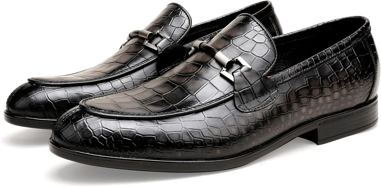 Classic Leather Dress Shoe for Mens, Fashion Crocodile Printed Penny Loafers with Metal Buckle Business Wedding Formal Shoes Slip On Loafers for Mens