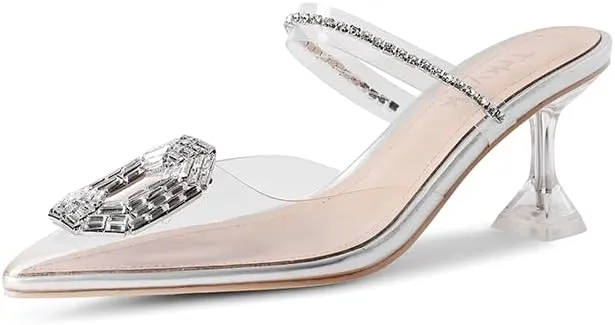 Clear Heels for Women,Pointed-Toe Clear Rhinestones Sandals High Heel Backless Mules