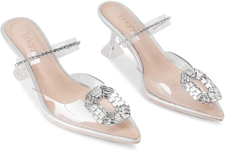 Clear Heels for Women,Pointed-Toe Clear Rhinestones Sandals High Heel Backless Mules