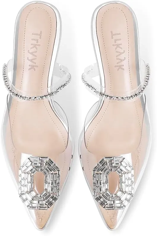 Clear Heels for Women,Pointed-Toe Clear Rhinestones Sandals High Heel Backless Mules