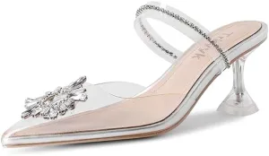 Clear Heels for Women,Pointed-Toe Clear Rhinestones Sandals High Heel Backless Mules