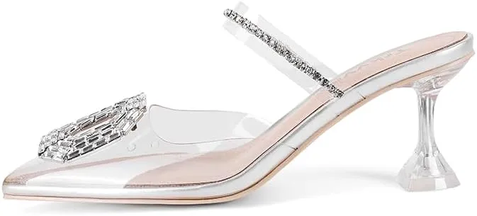 Clear Heels for Women,Pointed-Toe Clear Rhinestones Sandals High Heel Backless Mules