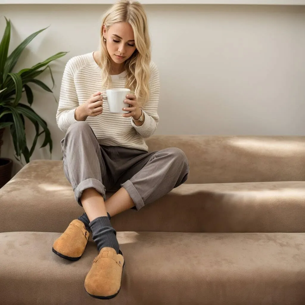 Clogs for Women Suede Soft Leather Clogs Classic Cork Clog Antislip Slippers Waterproof Mules House Sandals Buckle