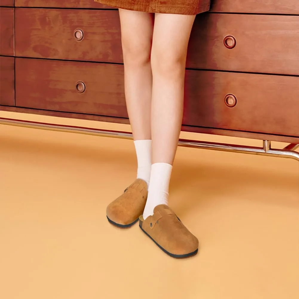 Clogs for Women Suede Soft Leather Clogs Classic Cork Clog Antislip Slippers Waterproof Mules House Sandals Buckle