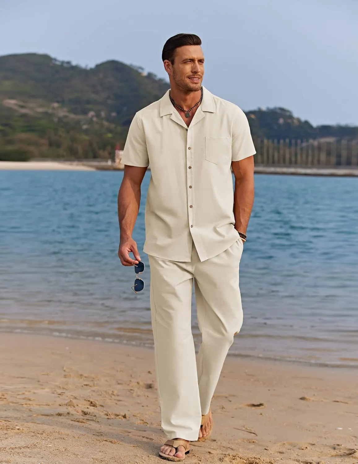 COOFANDY Men 2 Piece Linen Outfit Beach Button Down Shirt Casual Loose Pant Sets
