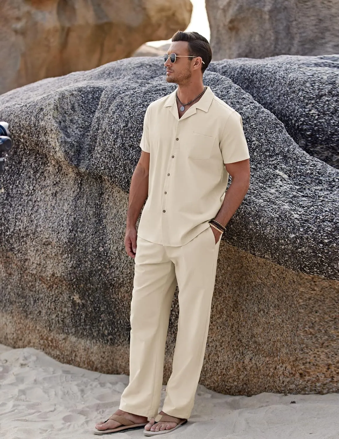 COOFANDY Men 2 Piece Linen Outfit Beach Button Down Shirt Casual Loose Pant Sets