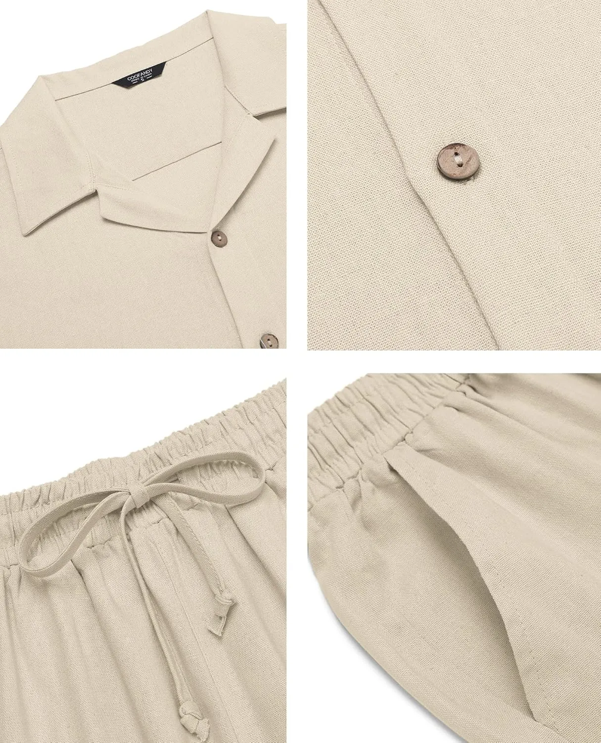 COOFANDY Men 2 Piece Linen Outfit Beach Button Down Shirt Casual Loose Pant Sets