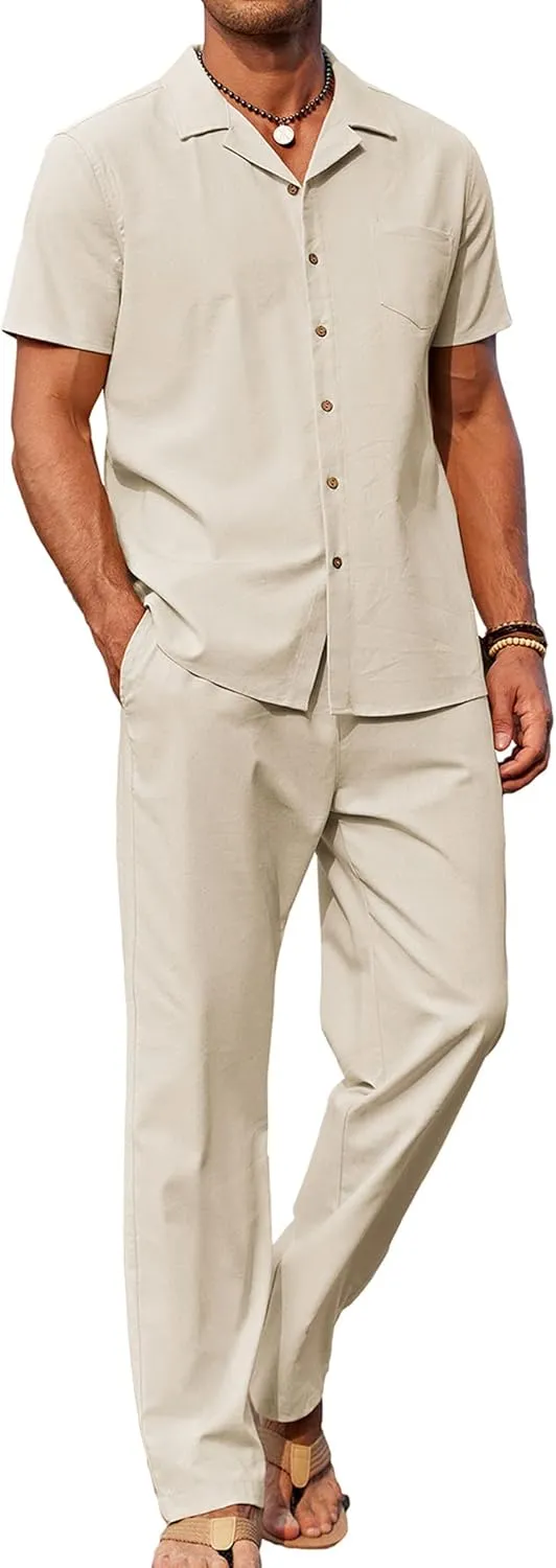 COOFANDY Men 2 Piece Linen Outfit Beach Button Down Shirt Casual Loose Pant Sets