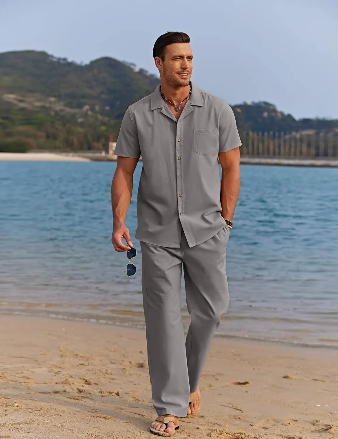 COOFANDY Men 2 Piece Linen Outfit Beach Button Down Shirt Casual Loose Pant Sets