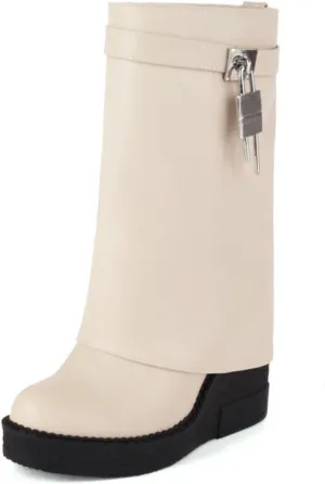 CORNMOOD Women Fold Over Shark Boots Wide Mid-calf Boots Platform Wedge Heel Almond Toe Faux Leather Pull On Short Booties with Padlock