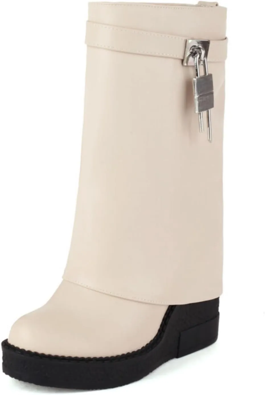 CORNMOOD Women Fold Over Shark Boots Wide Mid-calf Boots Platform Wedge Heel Almond Toe Faux Leather Pull On Short Booties with Padlock