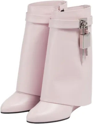 CORNMOOD Women Fold Over Shark Boots Wide Mid-calf Boots Platform Wedge Heel Almond Toe Faux Leather Pull On Short Booties with Padlock