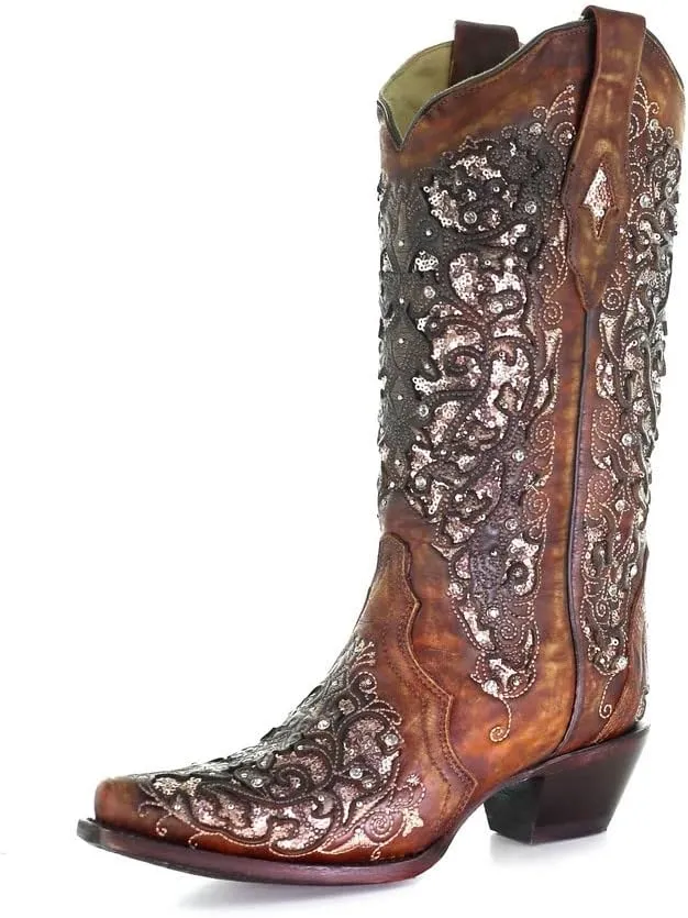 CORRAL LADIE'S COGNAC INLAY & FLOWERED EMBROIDERY & STUDS & CRYSTALS, SNIP TOE, LEATHER SOLE, WESTERN, A3671A