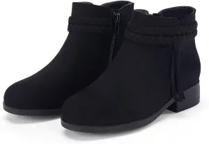 Coutgo Girls Ankle Boots Cowgirl Braided Fringe Strap Chunky Low Heel Suede Booties Western Walking Shoes Toddler Little Kid Big Kid,Black,Size 2