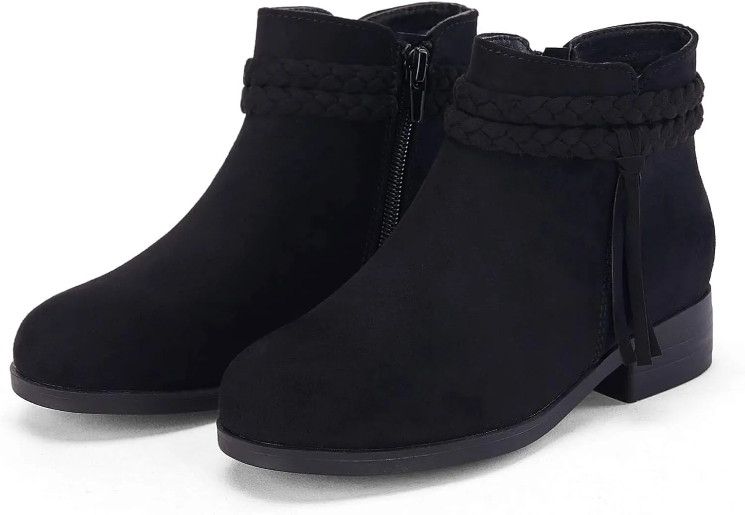 Coutgo Girls Ankle Boots Cowgirl Braided Fringe Strap Chunky Low Heel Suede Booties Western Walking Shoes Toddler Little Kid Big Kid,Black,Size 2