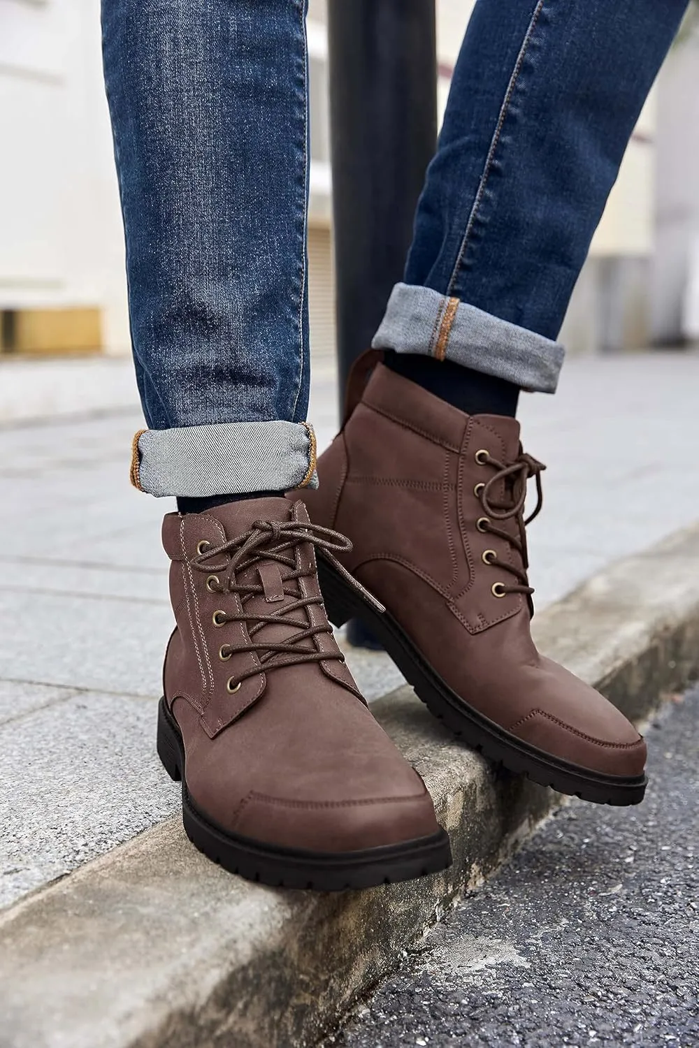 Coutgo Men's Chukka Boots Lace Up Motorcycle Boots Non-Slip Sole Work Waterproof Dress Ankle Boots