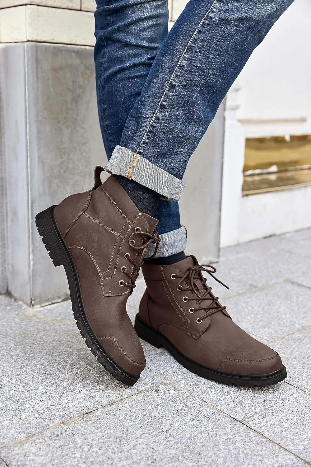 Coutgo Men's Chukka Boots Lace Up Motorcycle Boots Non-Slip Sole Work Waterproof Dress Ankle Boots