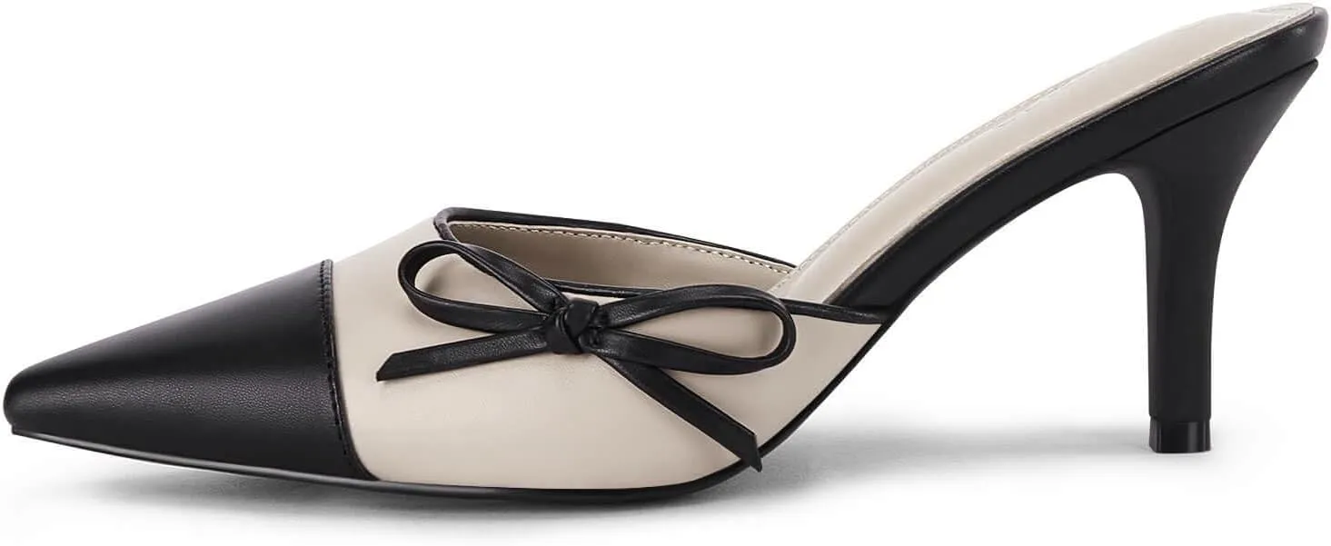 Coutgo Womens Bow Tie Mules Heels Two Tone Closed Pointed Toe Slip On Backless Wedding Dress Shoes Pumps