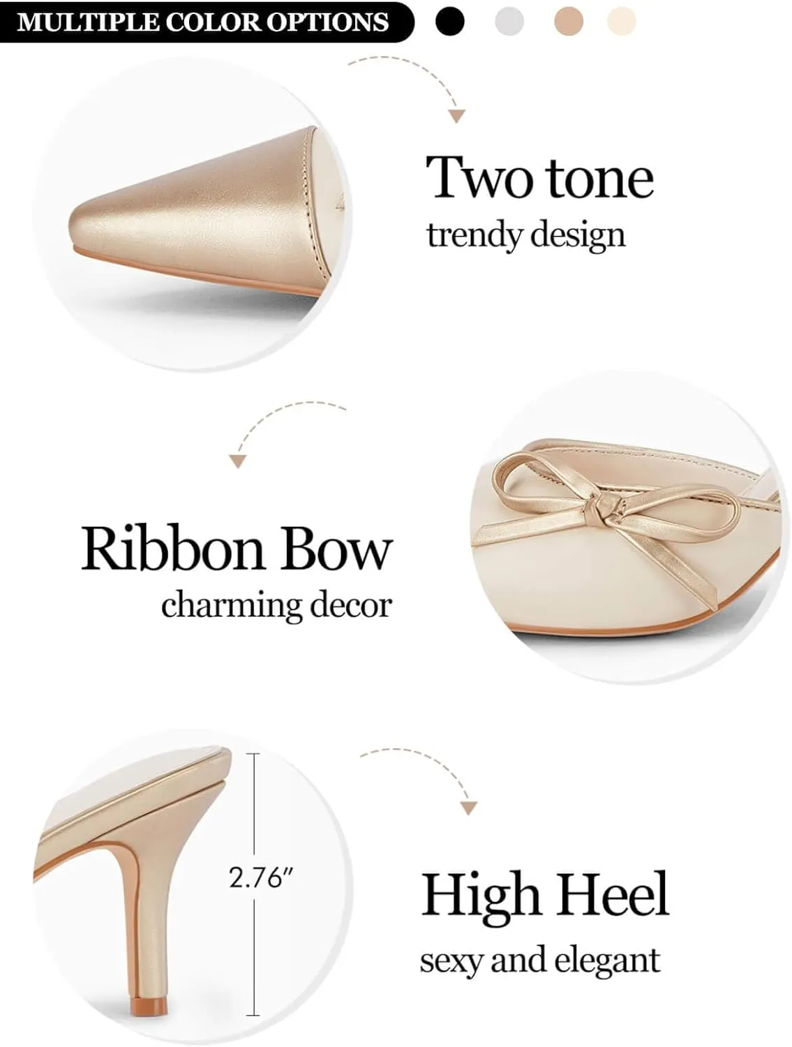 Coutgo Womens Bow Tie Mules Heels Two Tone Closed Pointed Toe Slip On Backless Wedding Dress Shoes Pumps