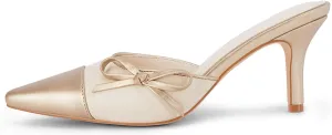 Coutgo Womens Bow Tie Mules Heels Two Tone Closed Pointed Toe Slip On Backless Wedding Dress Shoes Pumps
