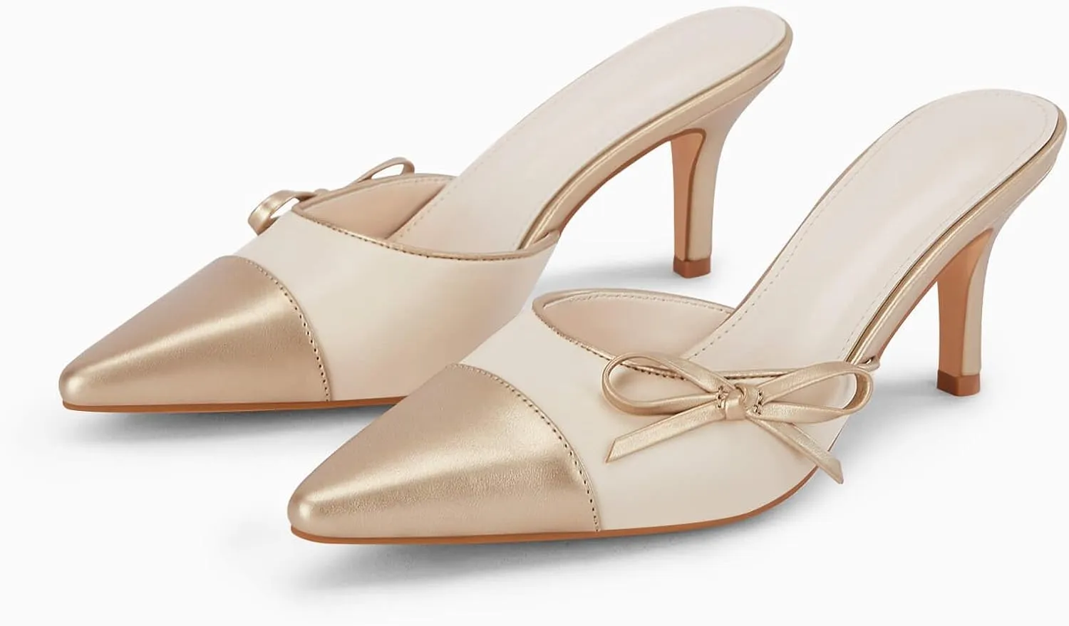 Coutgo Womens Bow Tie Mules Heels Two Tone Closed Pointed Toe Slip On Backless Wedding Dress Shoes Pumps
