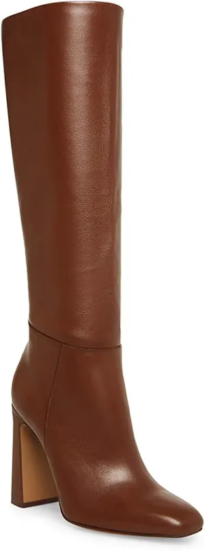 Coutgo Women's Chunky Heeled Knee High Boots Classic Leather Square Toe Zippered Tall Boot, Dark Brown, Size 9