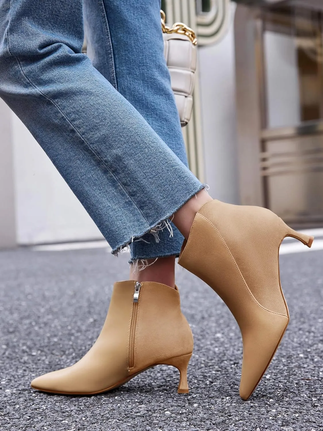 Coutgo Womens Kitten Heel Ankle Boots Pointed Toe Side Zipper Fall Winter Booties Shoes