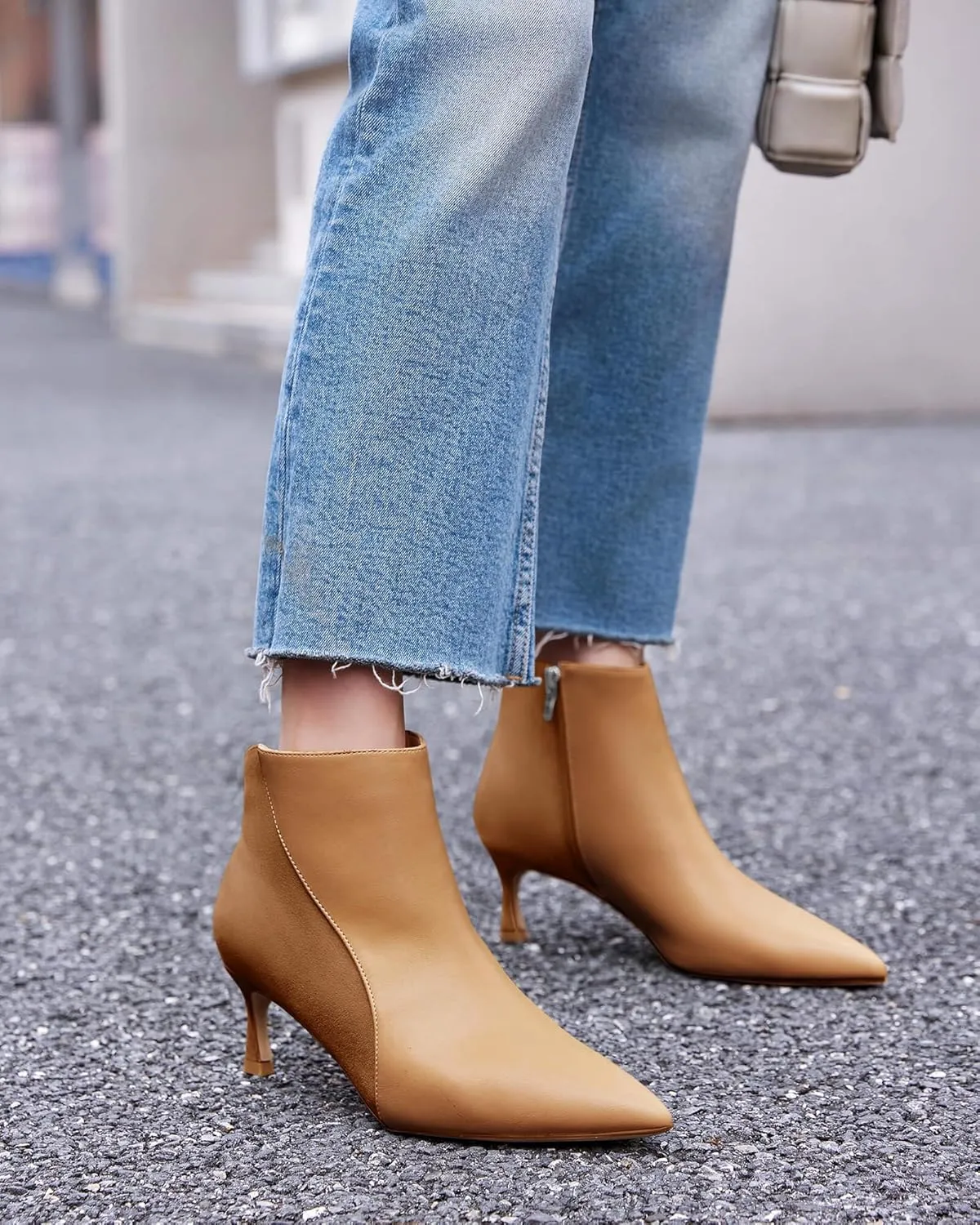 Coutgo Womens Kitten Heel Ankle Boots Pointed Toe Side Zipper Fall Winter Booties Shoes