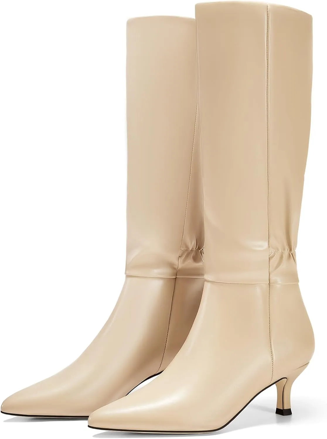 Coutgo Womens Kitten Heel Knee High Boots Pointed Toe Tall Boots Pull On Winter Dress Long Boot Shoes