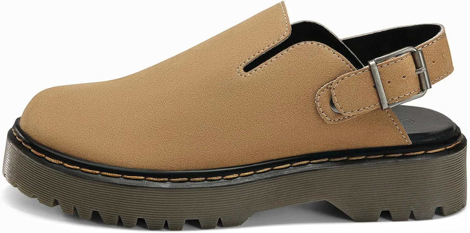 Coutgo Women's Platform Clogs Adjustable Strap Slingback Mules Suede Leather Closed Toe Slip on Shoes