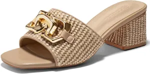 Coutgo Womens Raffia Slide Sandals Chunky Block Heeled Square Open Toe Metal Chain Slip on Mules Dressy Shoes