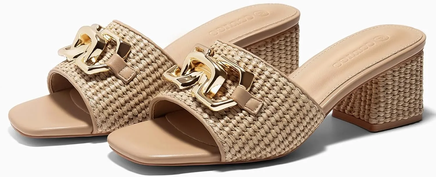 Coutgo Womens Raffia Slide Sandals Chunky Block Heeled Square Open Toe Metal Chain Slip on Mules Dressy Shoes