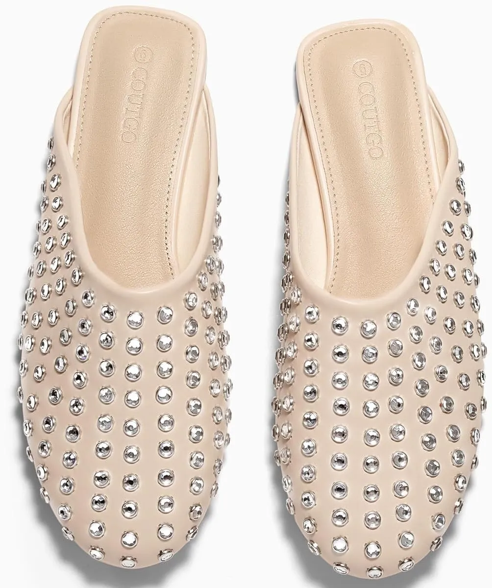 Coutgo Women's Rhinestone Mules Flats Sparkly Leather Slip On Shoes Slippers Comfortable Dress Backless Shoes