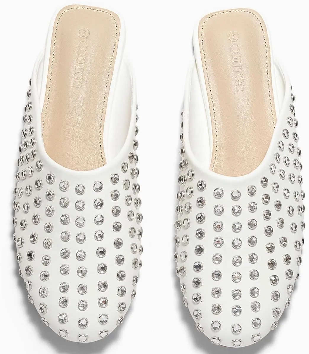 Coutgo Women's Rhinestone Mules Flats Sparkly Leather Slip On Shoes Slippers Comfortable Dress Backless Shoes