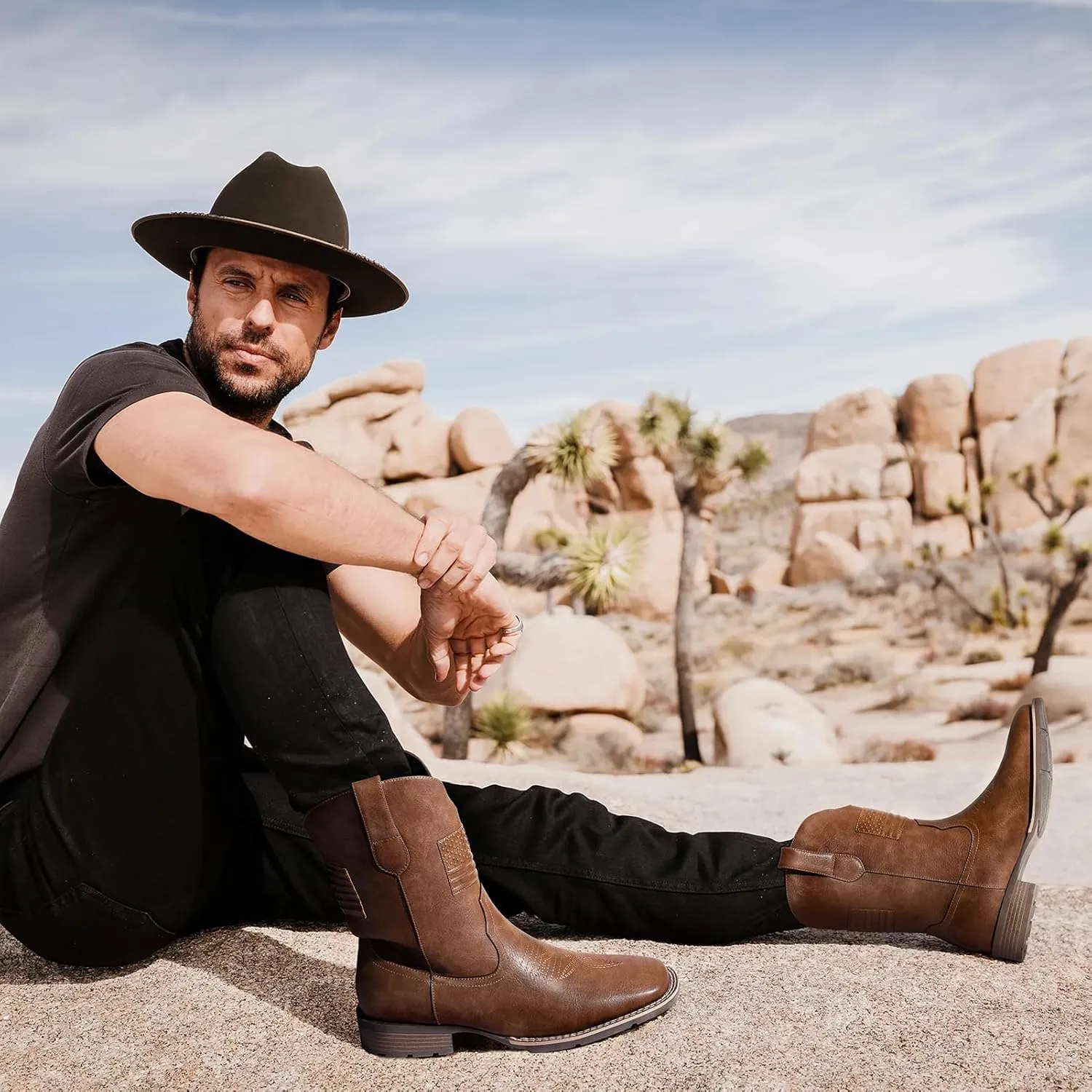 Cowboy Boots For Men - Mens Square Toe Western Boot With Flag, Faux Leather Booties, Botas Para Hombre Vaqueras Suitable For Concert, Daily, Wedding