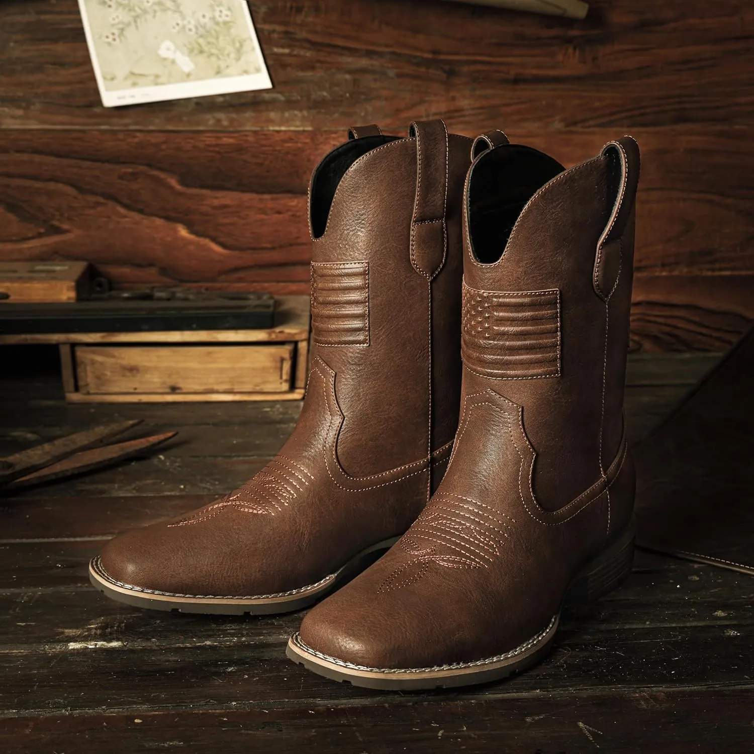 Cowboy Boots For Men - Mens Square Toe Western Boot With Flag, Faux Leather Booties, Botas Para Hombre Vaqueras Suitable For Concert, Daily, Wedding