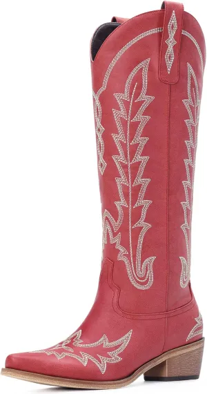 Cowboy Boots for Women - Knee High Embroidered Western Cowgirl Boots, Pointed Toe Chunky Heel Retro Country Boots, Pull On Zipper Vintage Fashion Tall Boots for Girls Ladies