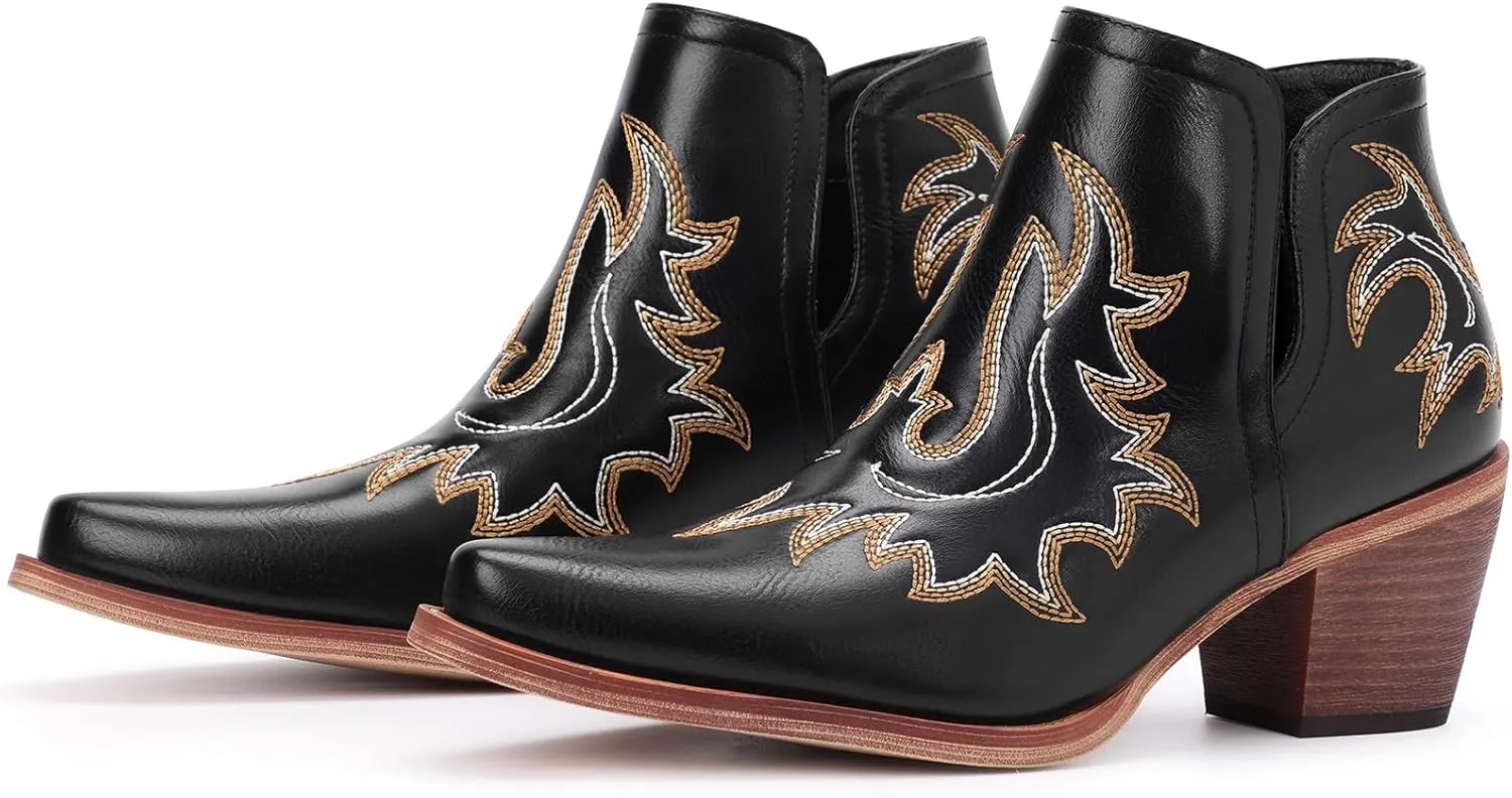 Cowboy Boots for Women - Western Ankle Boots, Chunky Heels Fall Short Booties (UNDERSIZE: PLEASE SELECT SIZE UP)