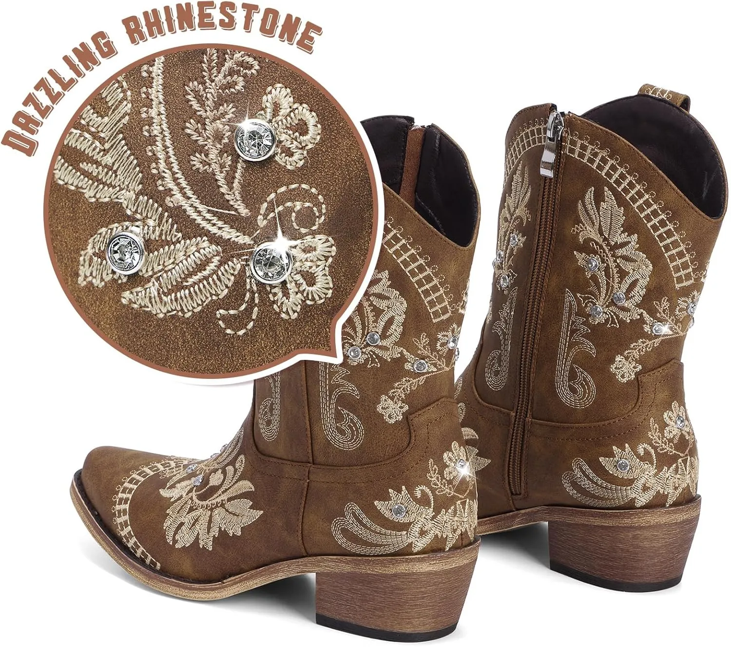 Cowboy Boots for Women - Western Embroidered Cowgirl Boots with Sparkly Rhinestone, Pointed Toe Chunky Heel Side Zipper Vintage Short Booties, Women's Ankle High Fashion Retro Country Booties