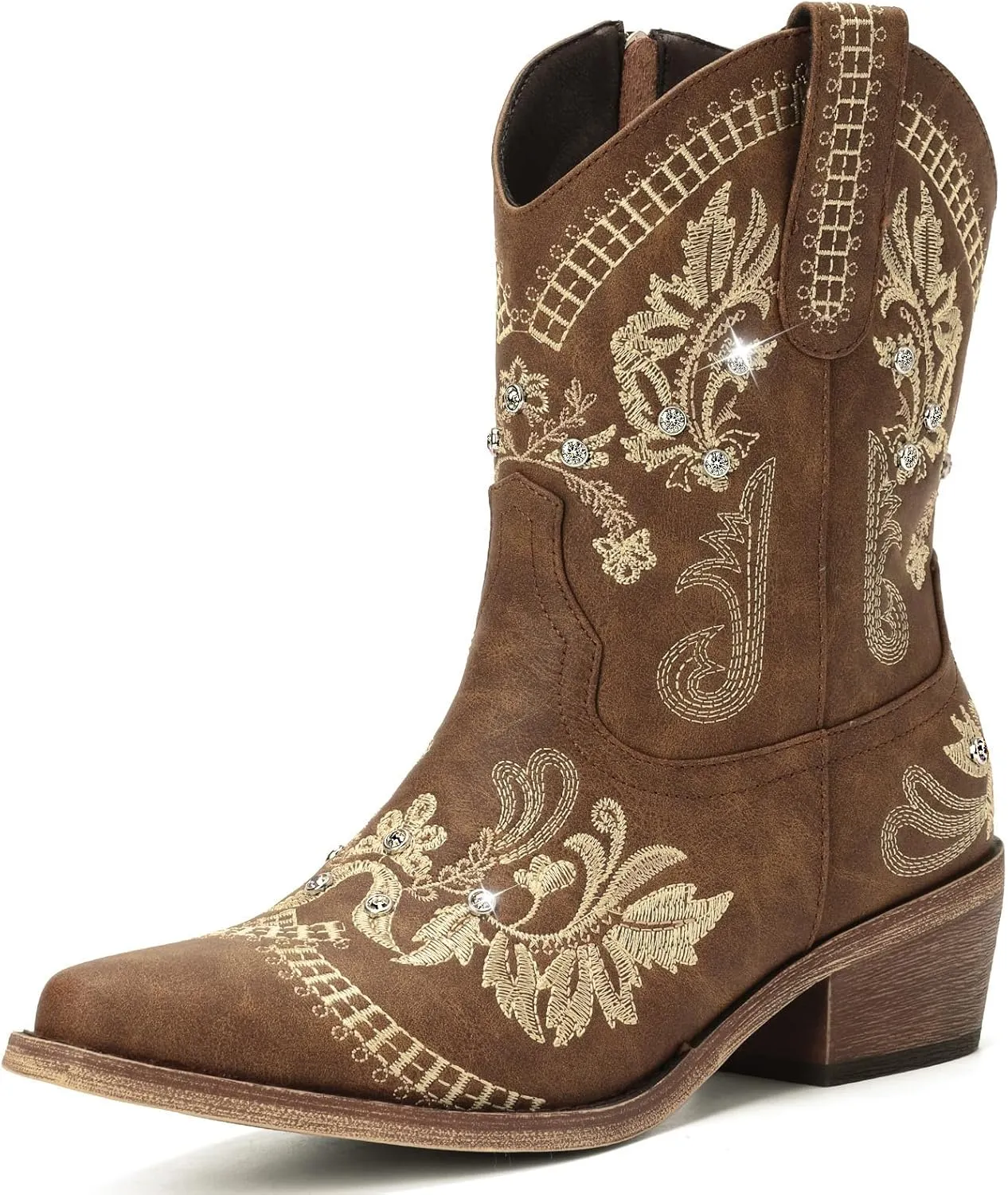 Cowboy Boots for Women - Western Embroidered Cowgirl Boots with Sparkly Rhinestone, Pointed Toe Chunky Heel Side Zipper Vintage Short Booties, Women's Ankle High Fashion Retro Country Booties