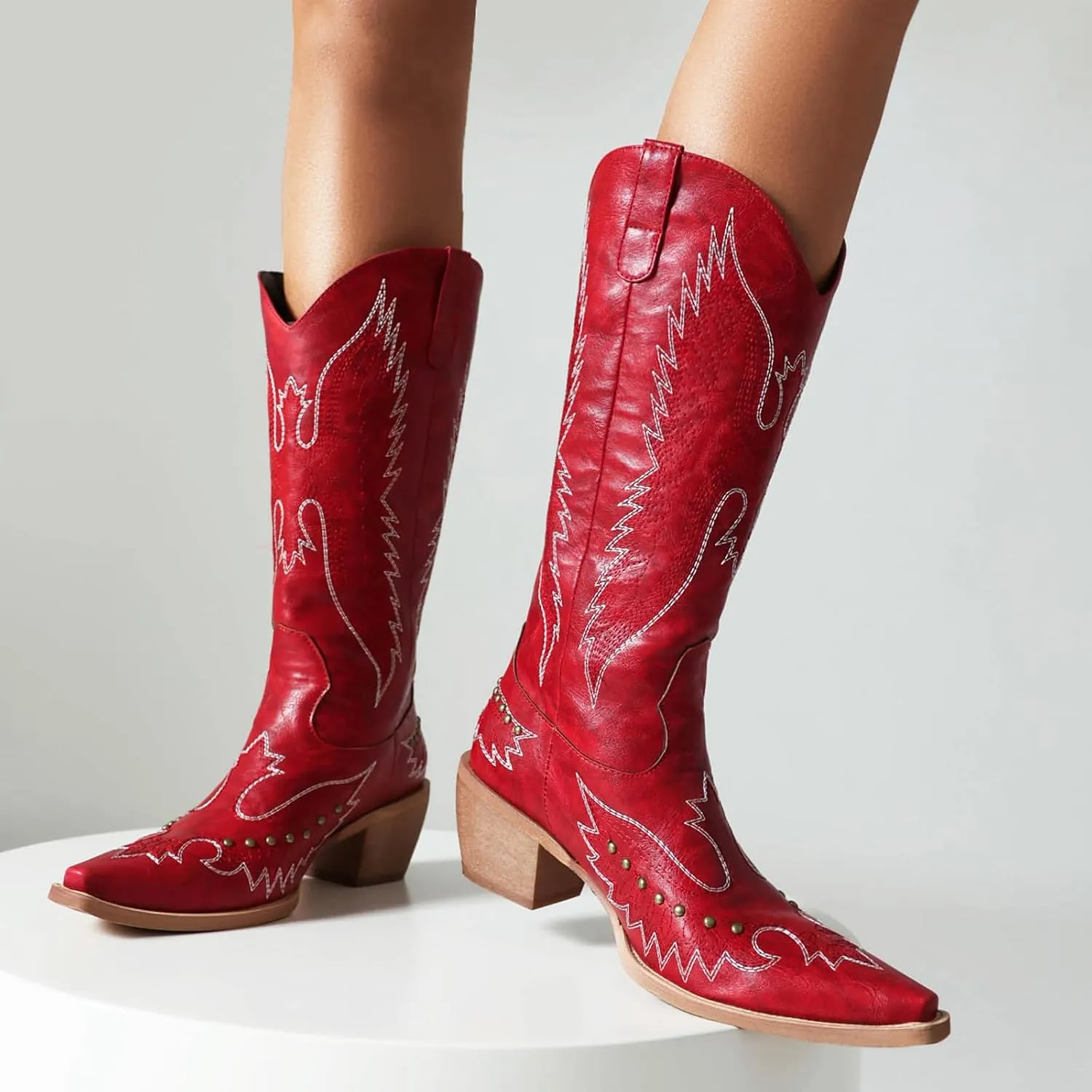 Cozivwaiy Women Denim Cowboy Boots Patchwork Knee High Boots Colorblock Western Cowgirl Mid Calf Jeans Shoes Pointed Toe Chunky Heel Pull On