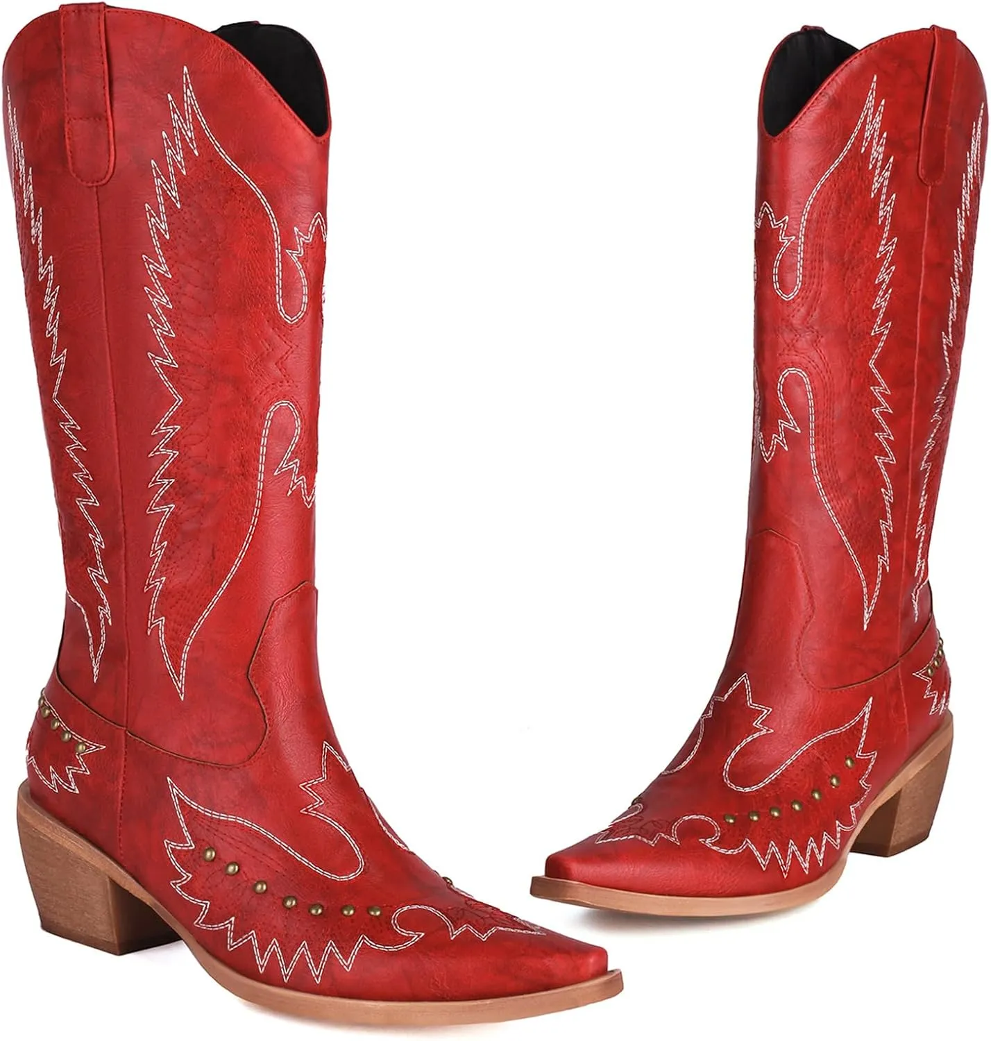Cozivwaiy Women Denim Cowboy Boots Patchwork Knee High Boots Colorblock Western Cowgirl Mid Calf Jeans Shoes Pointed Toe Chunky Heel Pull On