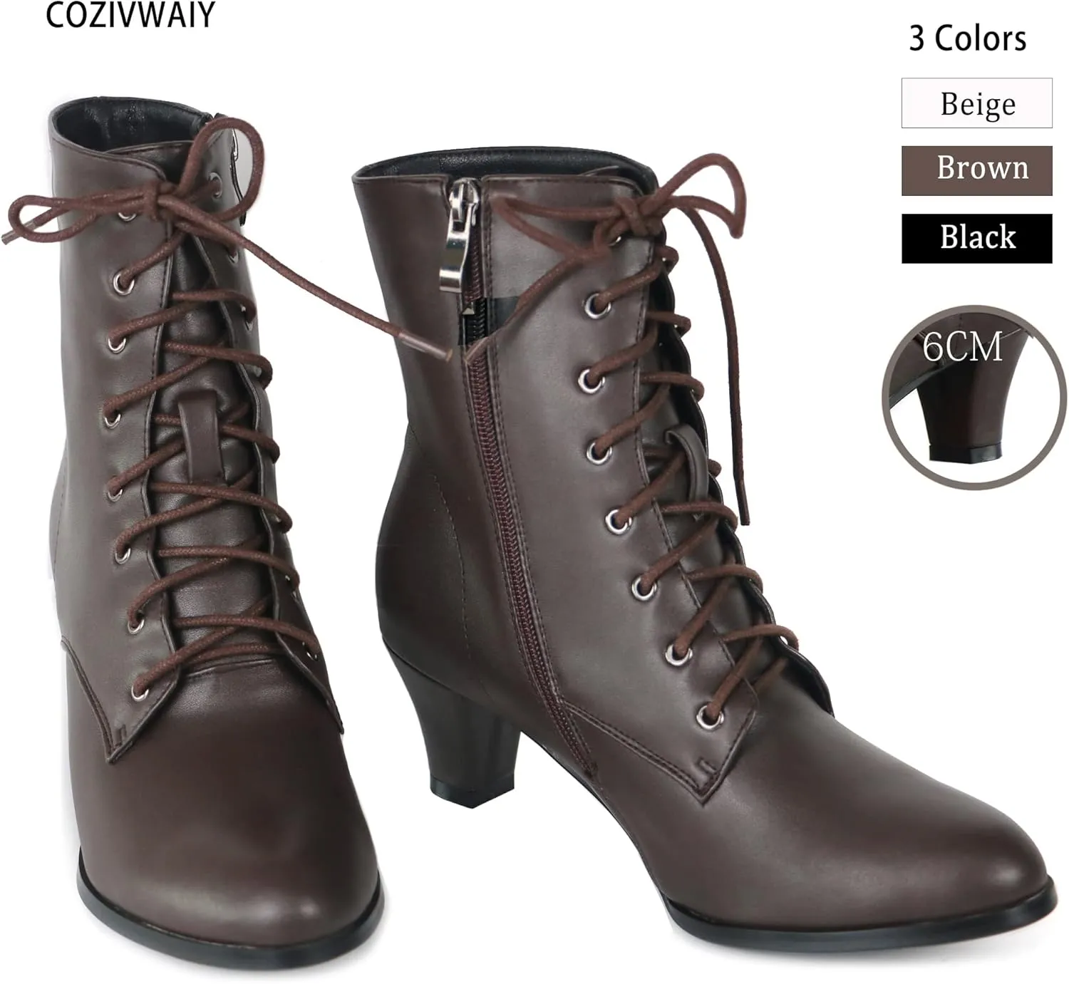 Cozivwaiy Women Vintage Victorian Boots 70s Lace up Ankle Boots Mid Heel Witch Granny Booties Costume Shoes Cone Heel Zipper Almond Toe
