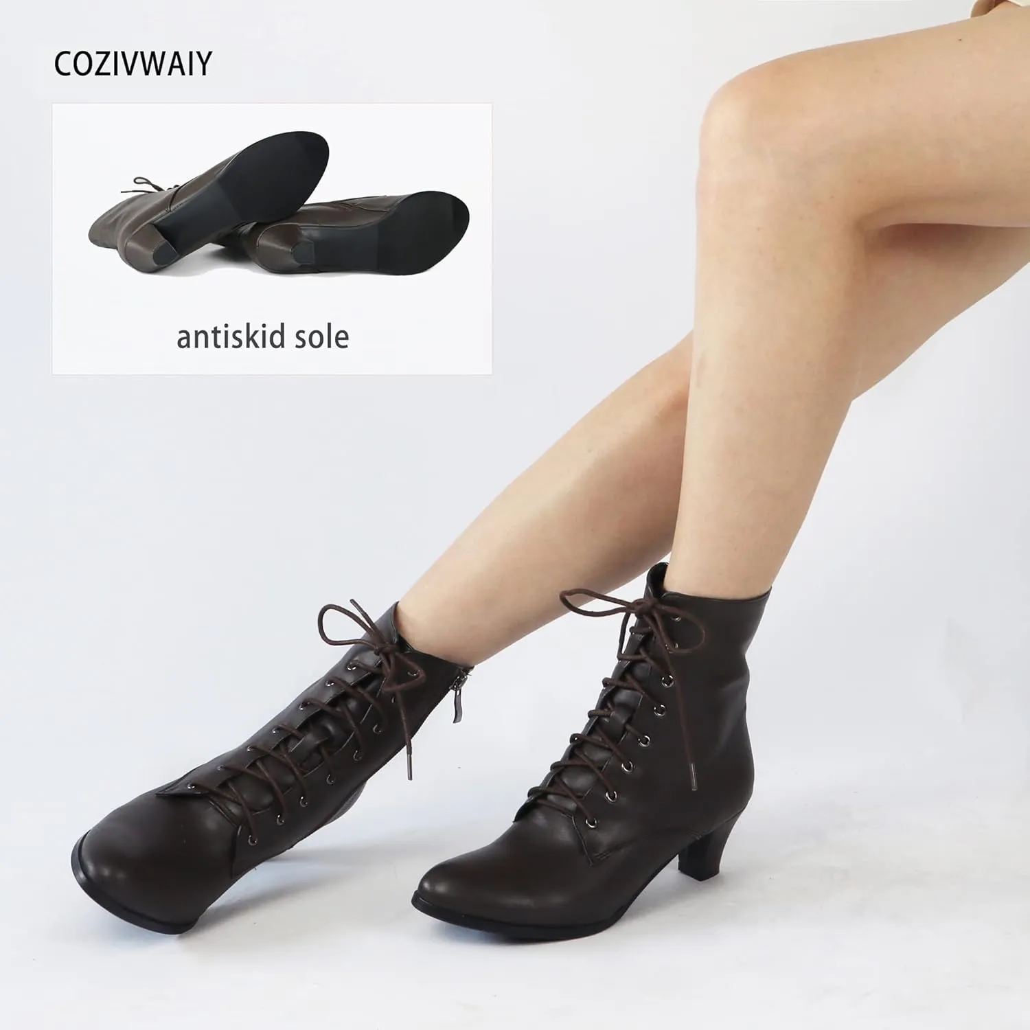 Cozivwaiy Women Vintage Victorian Boots 70s Lace up Ankle Boots Mid Heel Witch Granny Booties Costume Shoes Cone Heel Zipper Almond Toe
