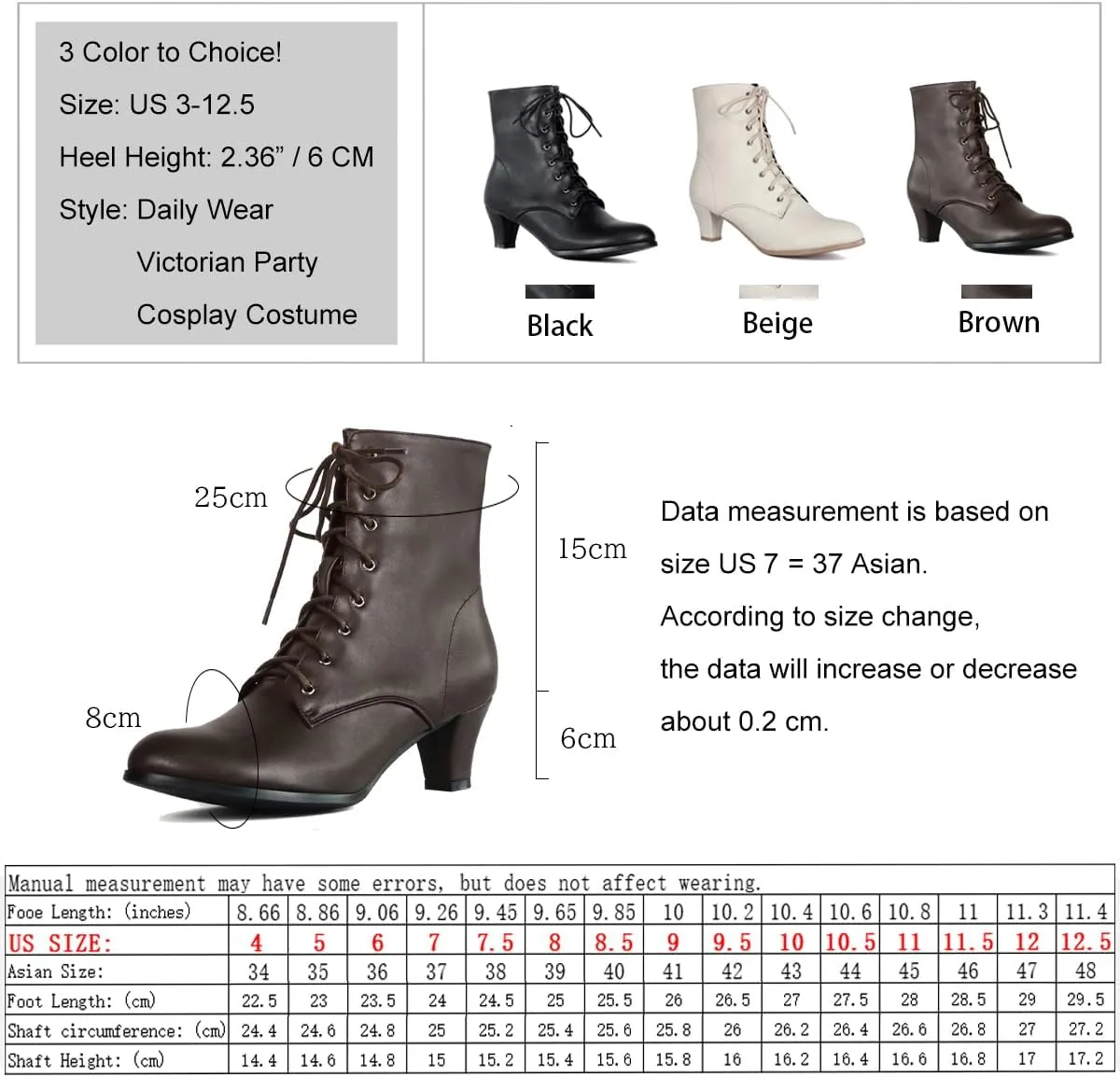 Cozivwaiy Women Vintage Victorian Boots 70s Lace up Ankle Boots Mid Heel Witch Granny Booties Costume Shoes Cone Heel Zipper Almond Toe