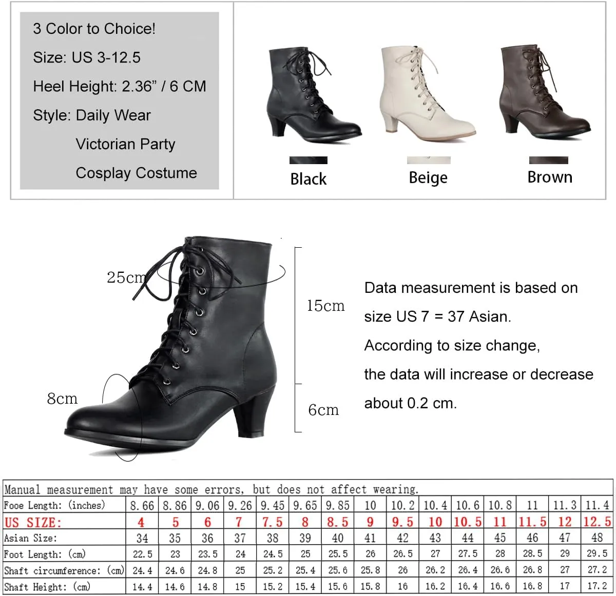 Cozivwaiy Women Vintage Victorian Boots 70s Lace up Ankle Boots Mid Heel Witch Granny Booties Costume Shoes Cone Heel Zipper Almond Toe