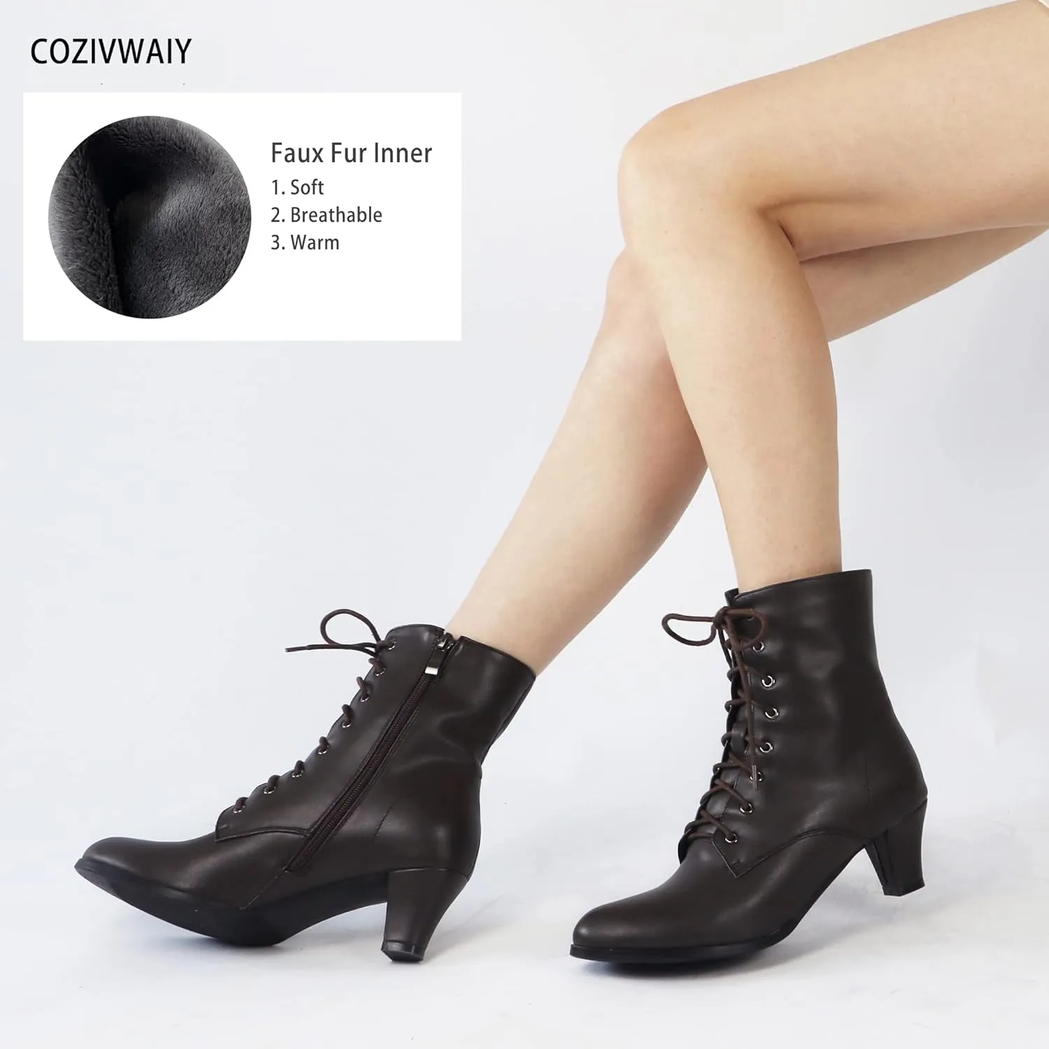 Cozivwaiy Women Vintage Victorian Boots 70s Lace up Ankle Boots Mid Heel Witch Granny Booties Costume Shoes Cone Heel Zipper Almond Toe