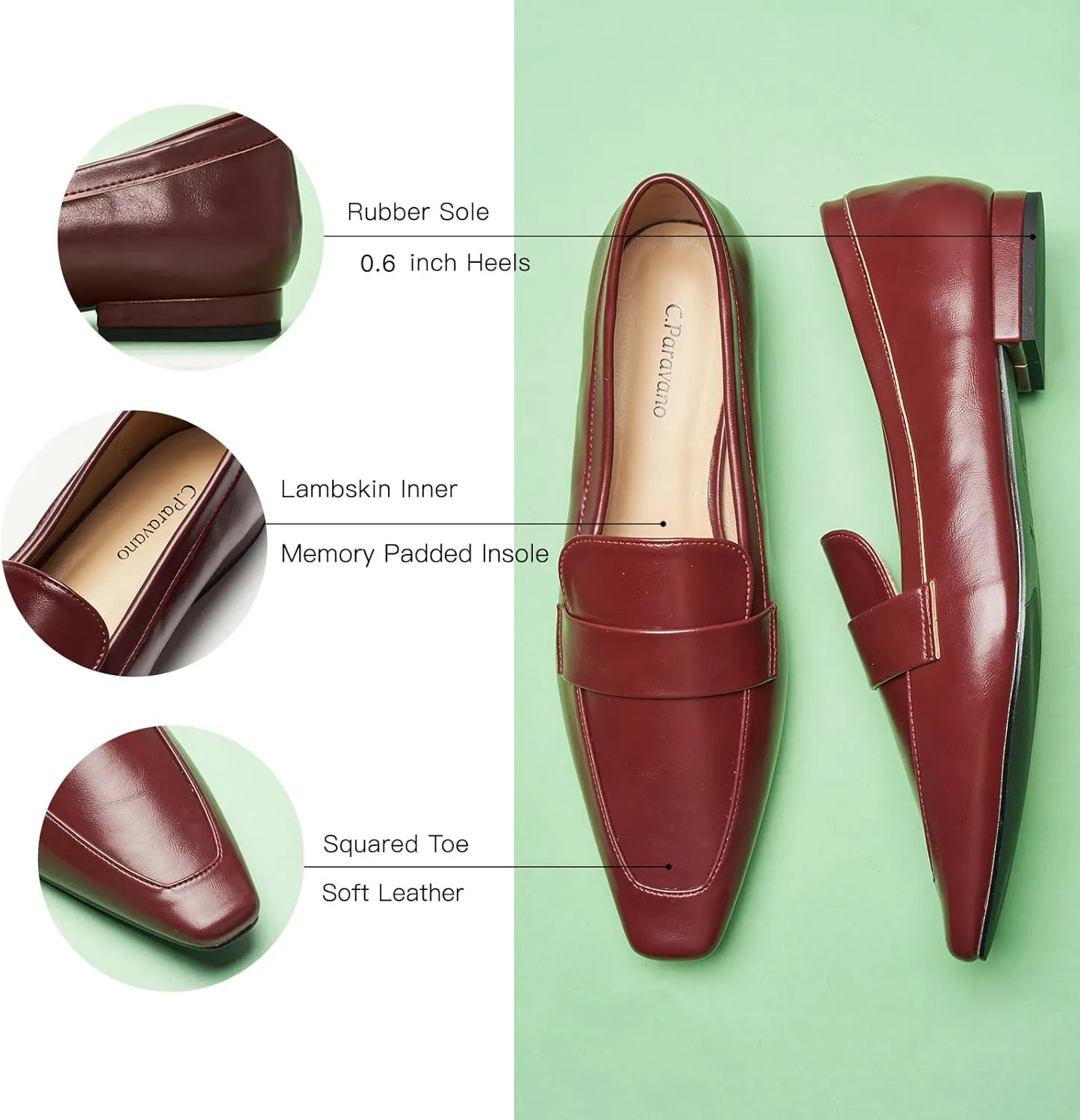 C.Paravano Loafers for Women, Slip-ons Penny Loafers Comfortable Dressy for Formal & Casual Wear, Square Toe Flats for Office