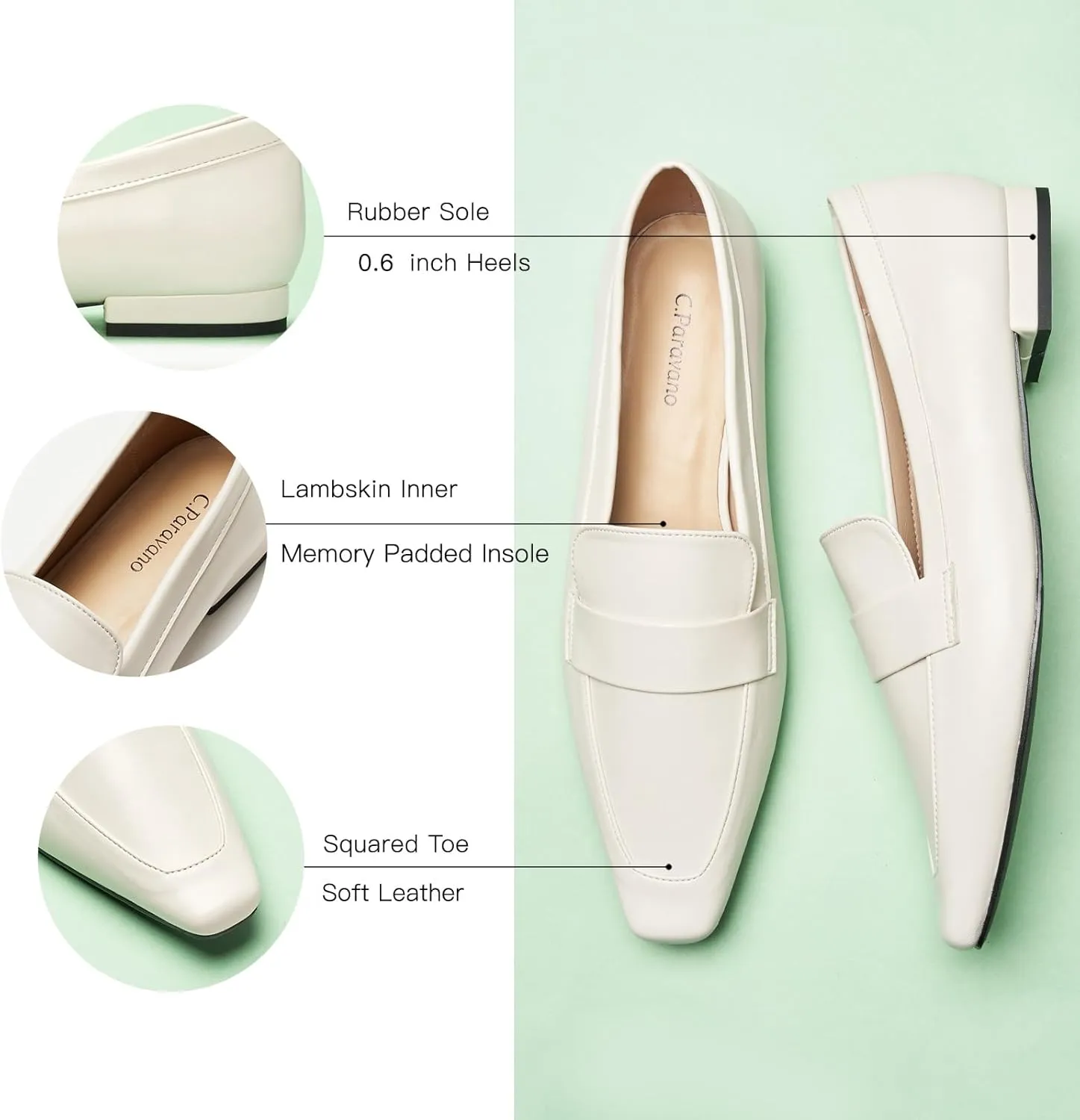 C.Paravano Women's Flat Loafers, Slip-on Penny Loafers for Formal & Casual Wear, Square Toe Comfort Flats for Office