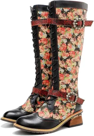 CrazycatZ Womens Leather Knee Long Colorful Boots, Vintage Long Boots